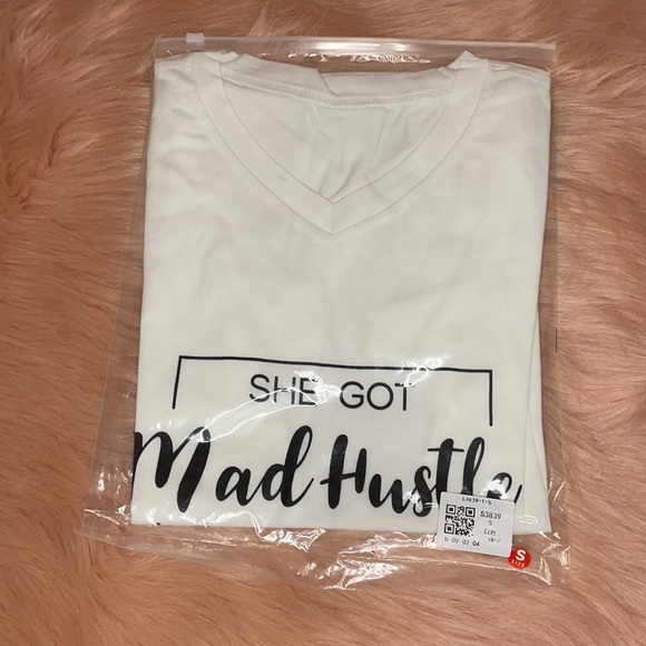 White Printed Lettering V Neck Short Sleeve Shirt - Picture 8 of 13